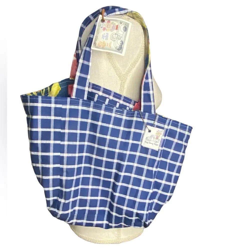 Happy Groovy Designs Reversible Blue White Gingham Floral Open Hobo Bag Purse